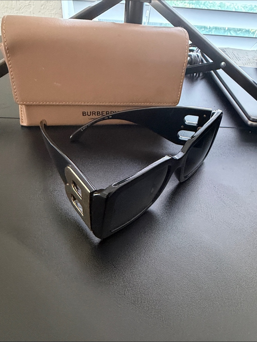 Burberry Black Chunky Rectangular Sunglasses with Gold Accents